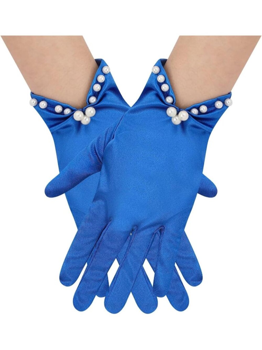 Women's Royal Blue Short Satin Gloves with Pearl Tea Party Opera Banquet Gloves